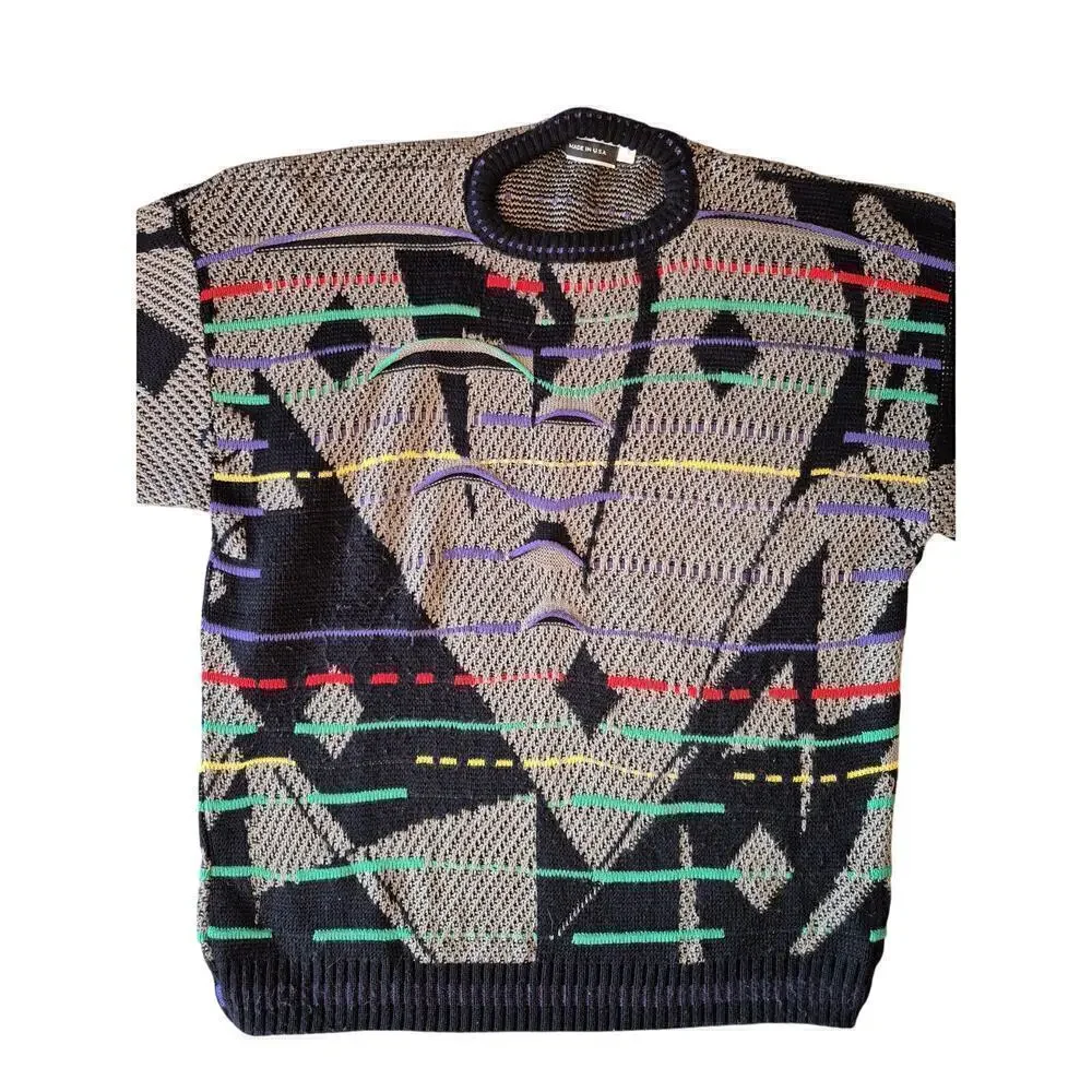 VTG Hilton Coogie Style  XL Acrylic Sweater Grey/Blk Cubist Face - Picture 9 of 11